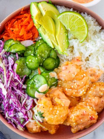 bang bang shrimp bowl with toppings