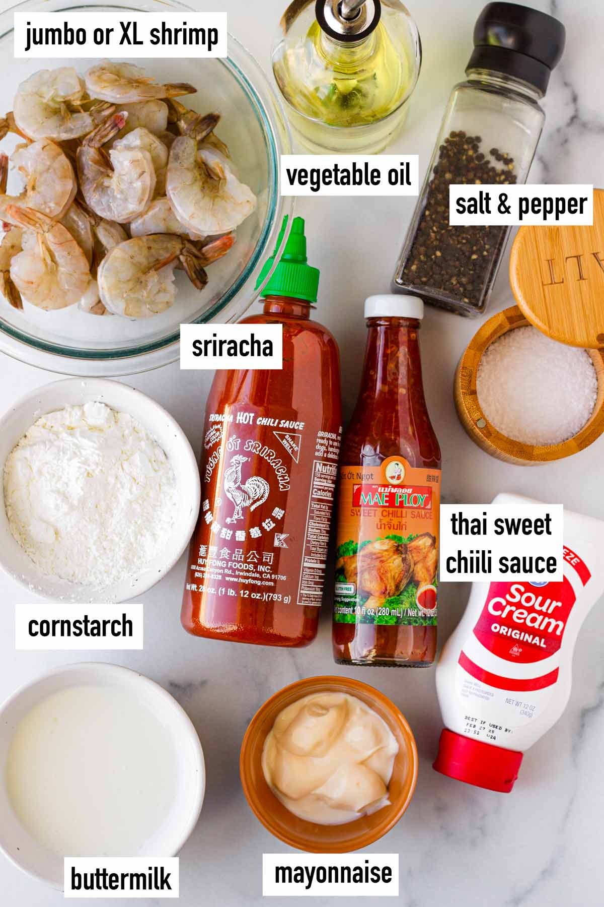 labeled ingredients for shrimp and sauce