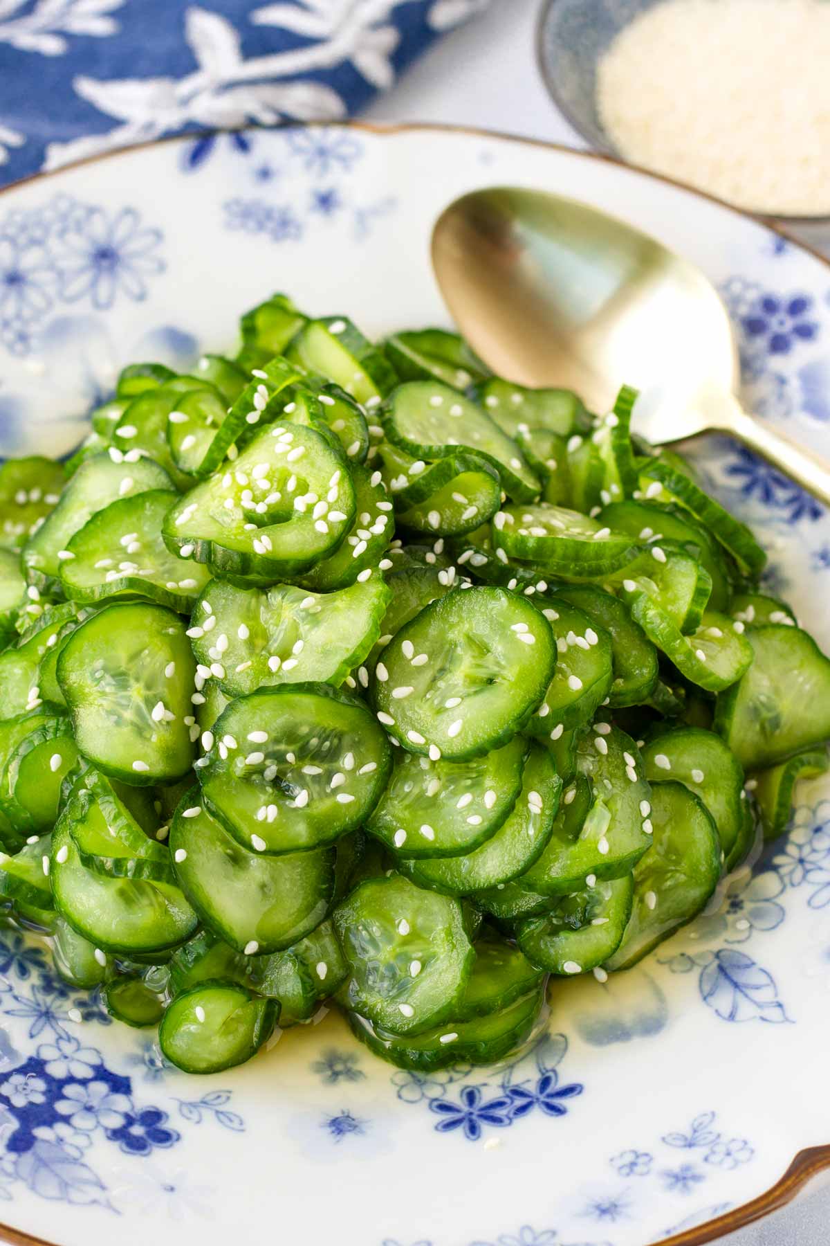 japanese cucumber salad on floral plate