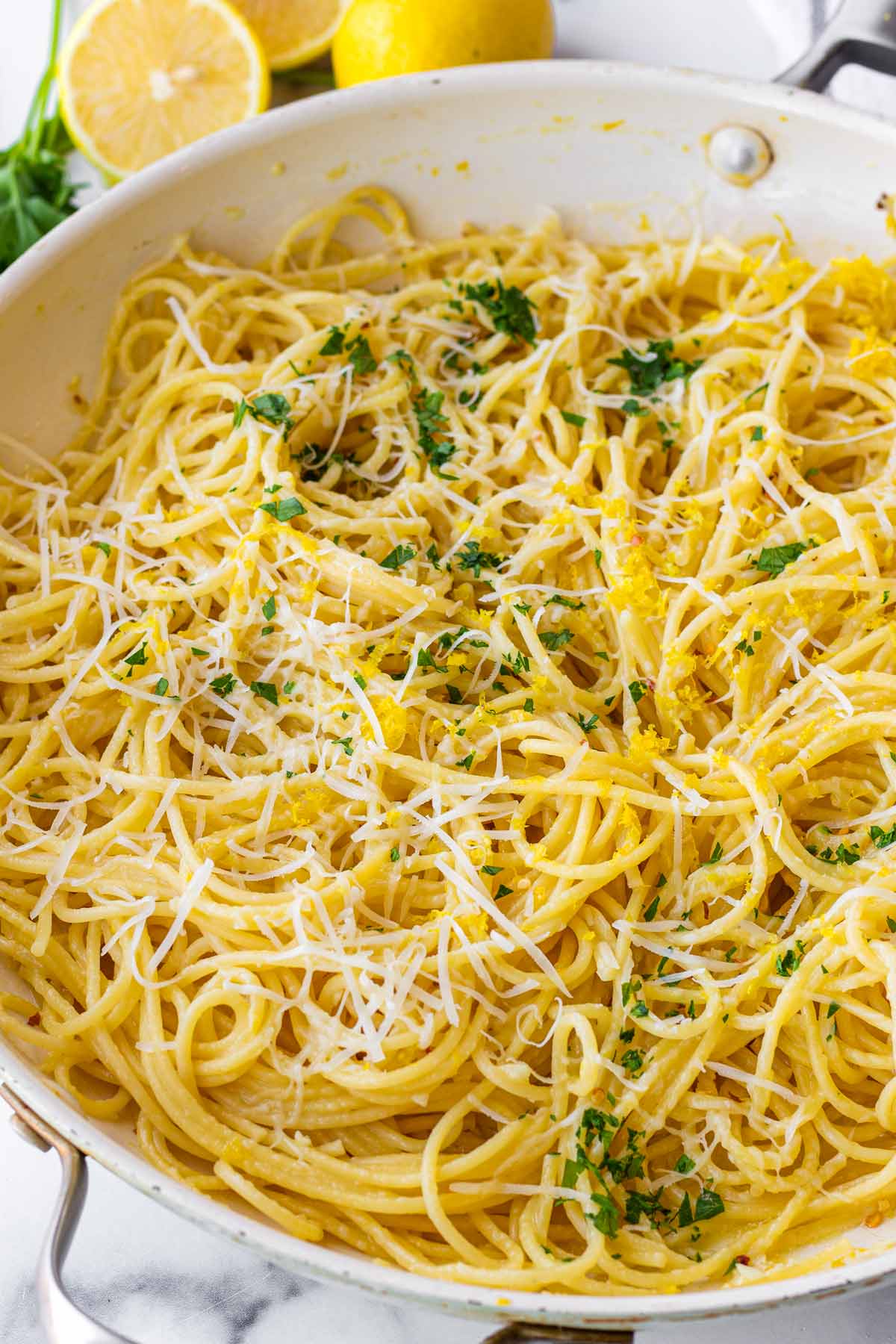 lemon garlic pasta in skillet