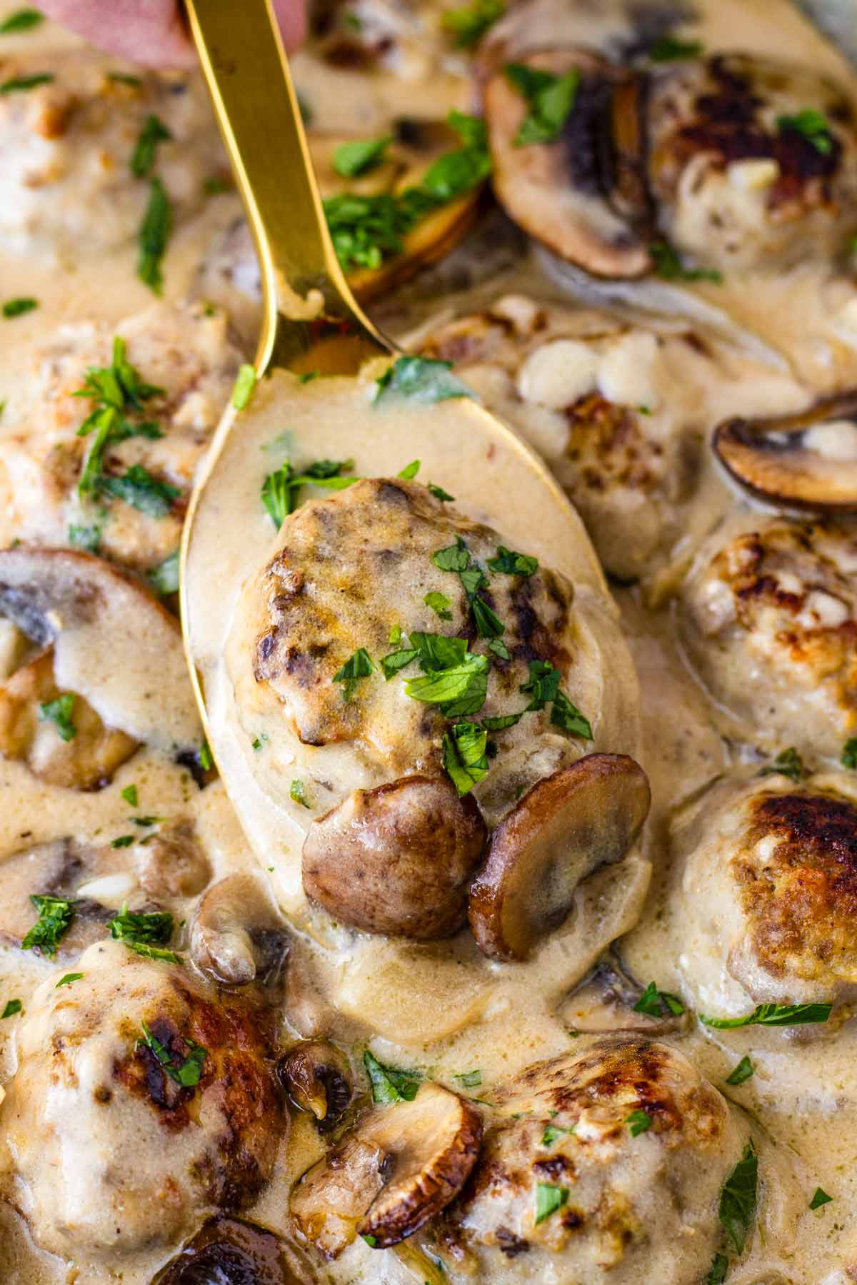 spoonful of meatball with mushrooms