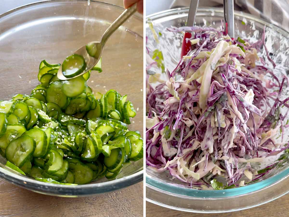 making the cucumber and slaw toppings