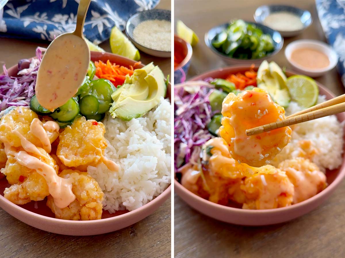 assembling bang bang shrimp bowl