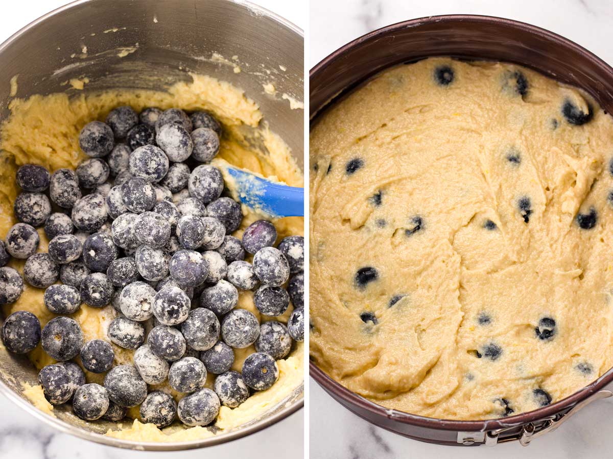 mixing blueberries into the batter