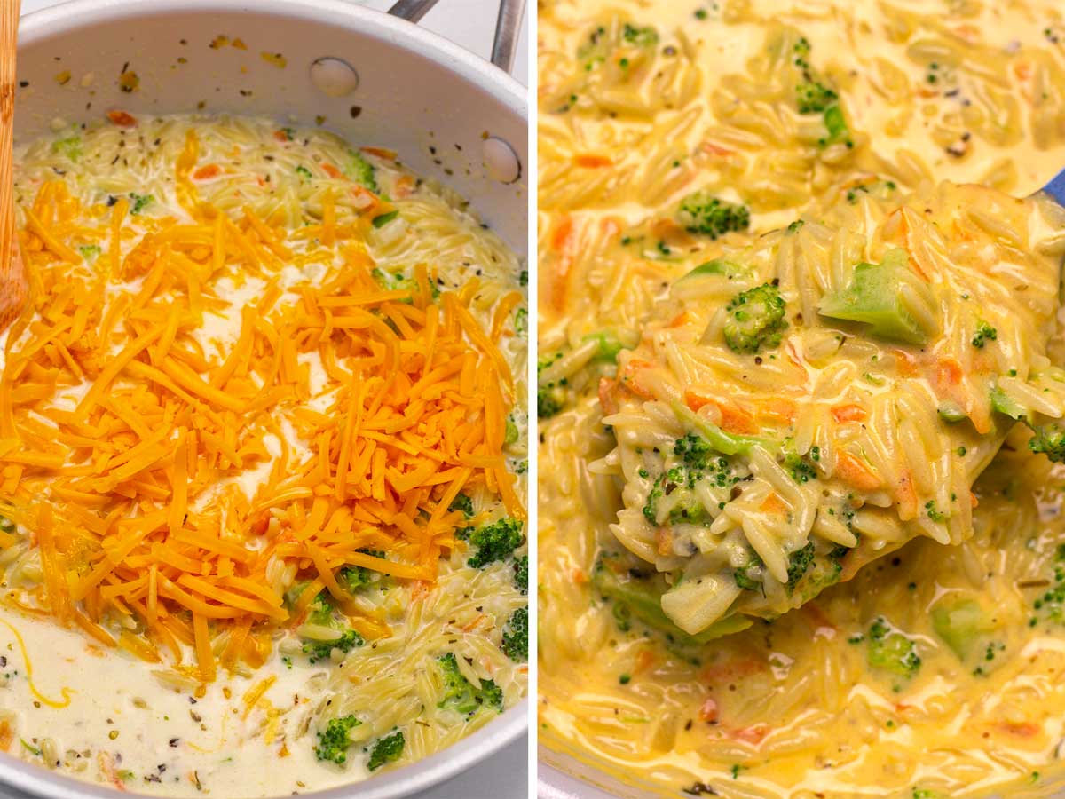 adding cheese to the orzo