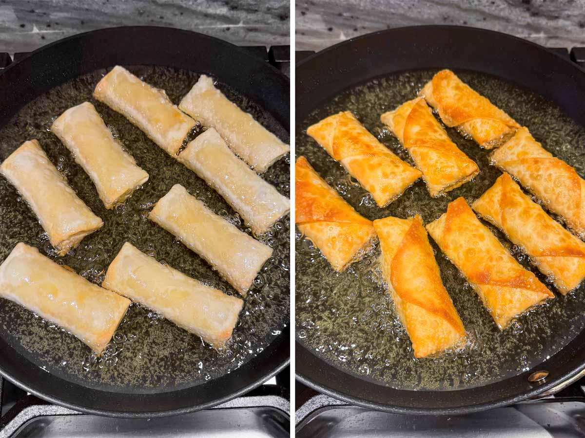 shallow frying egg rolls in skillet