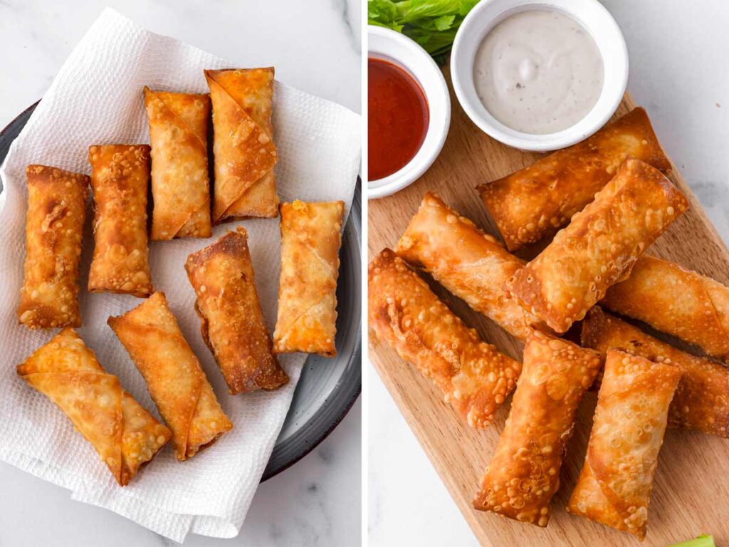 golden brown buffalo chicken egg rolls served with sauce