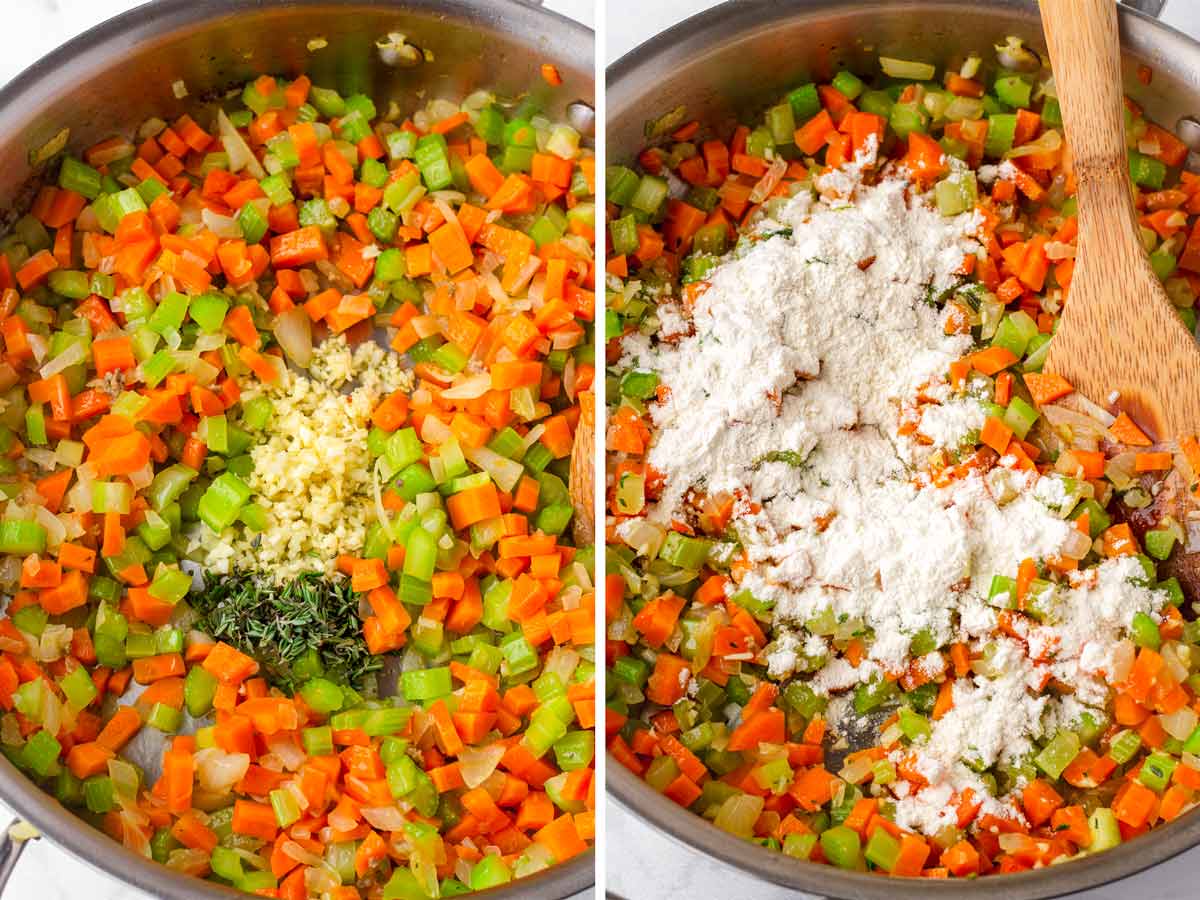 cooking aromatics and vegetables in skillet