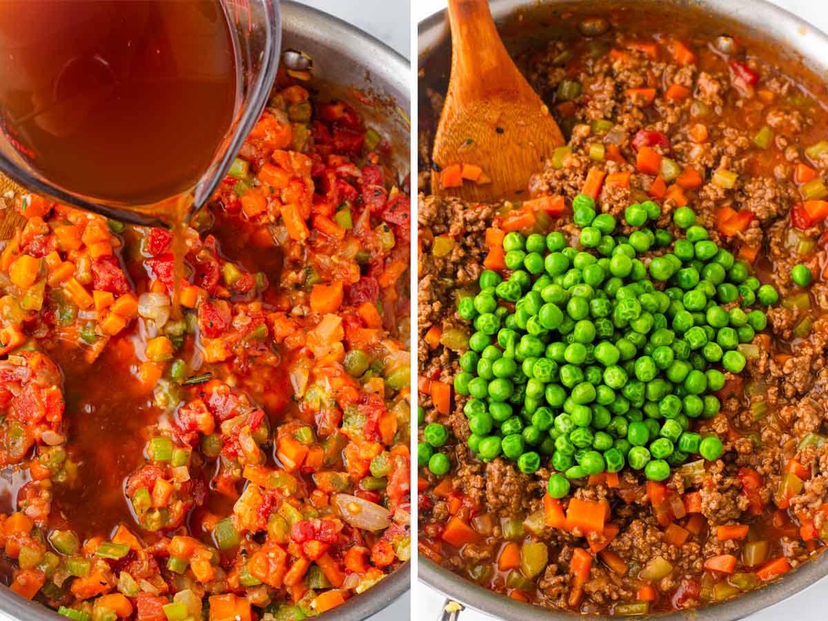 adding tomato, broth and peas