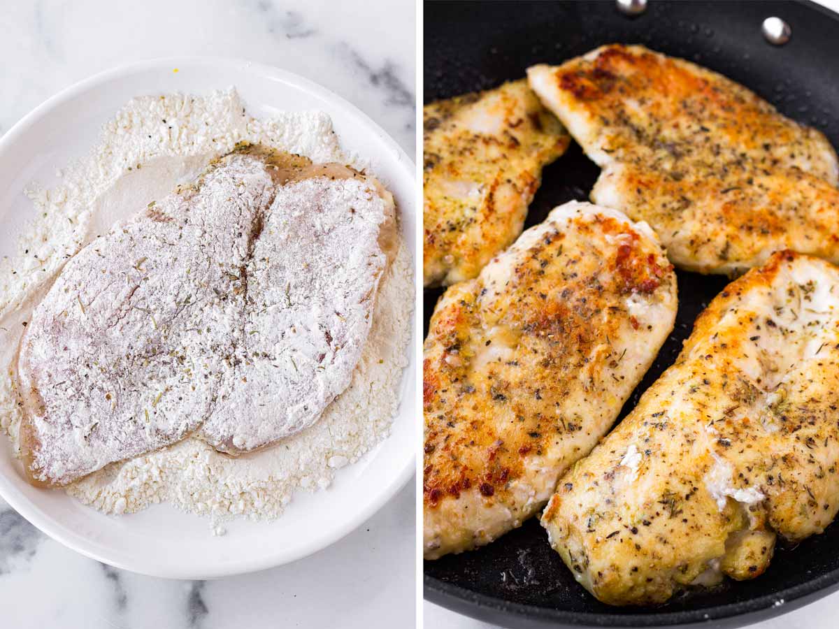 seasoning and cooking chicken on skillet