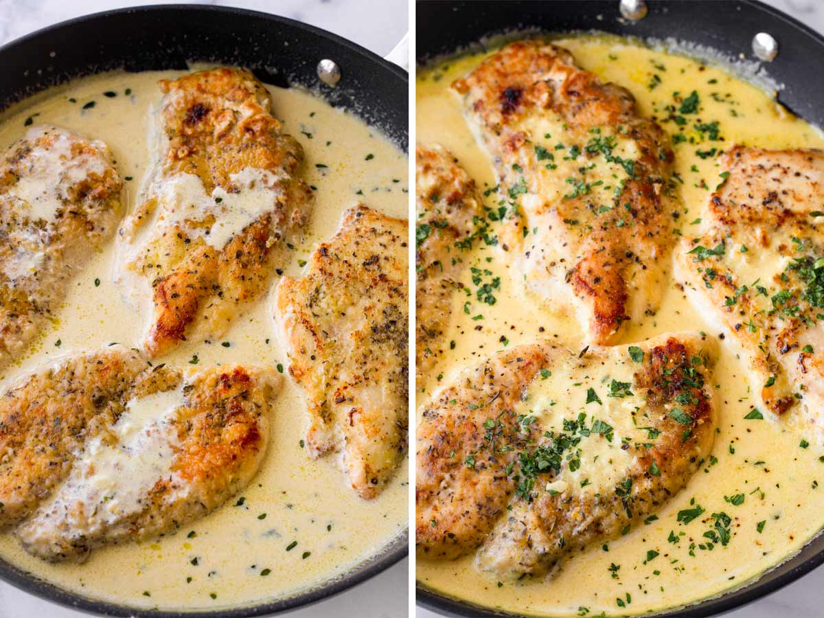 adding chicken to the sauce in skillet