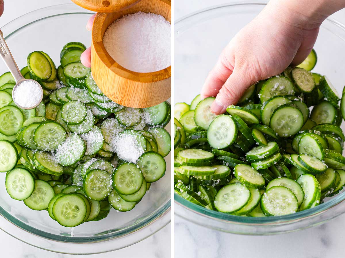 salting sliced cucumbers