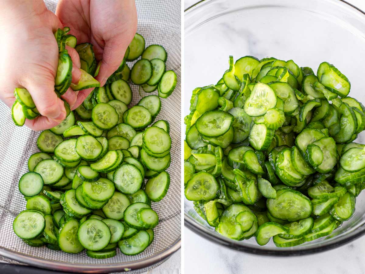 squeezing excess moisture from cucumbers