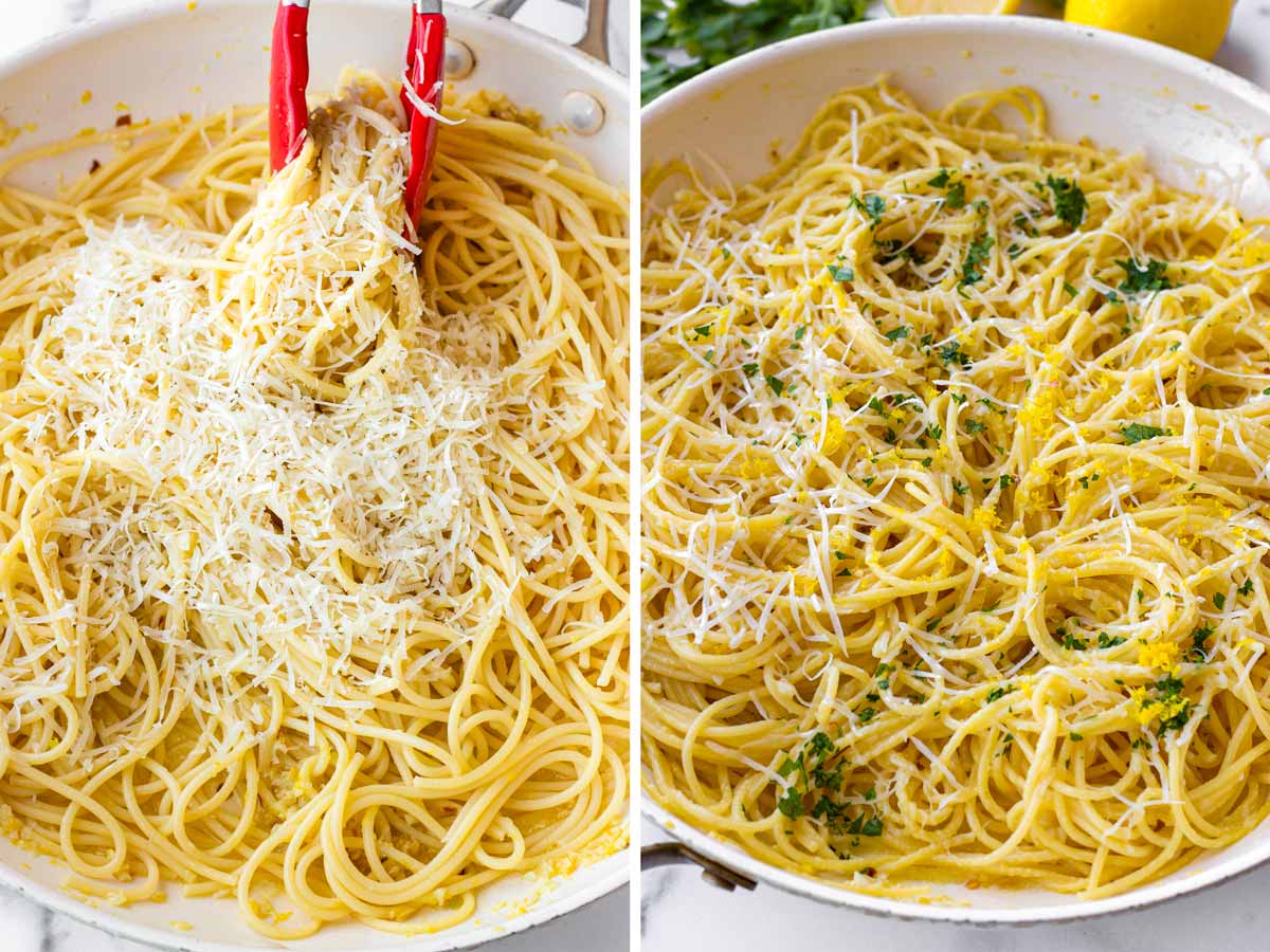 tossing pasta with cheese and lemon