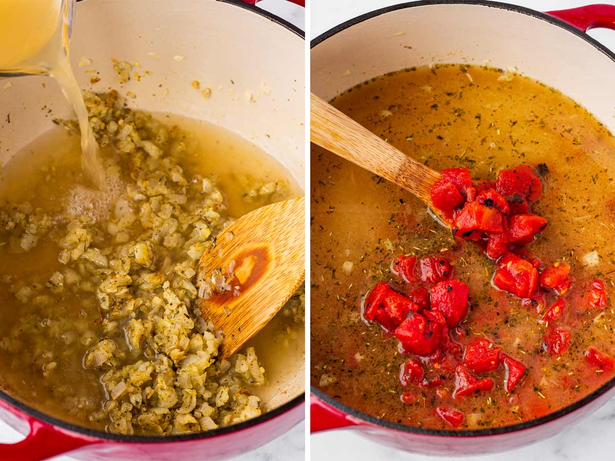 adding broth and tomatoes