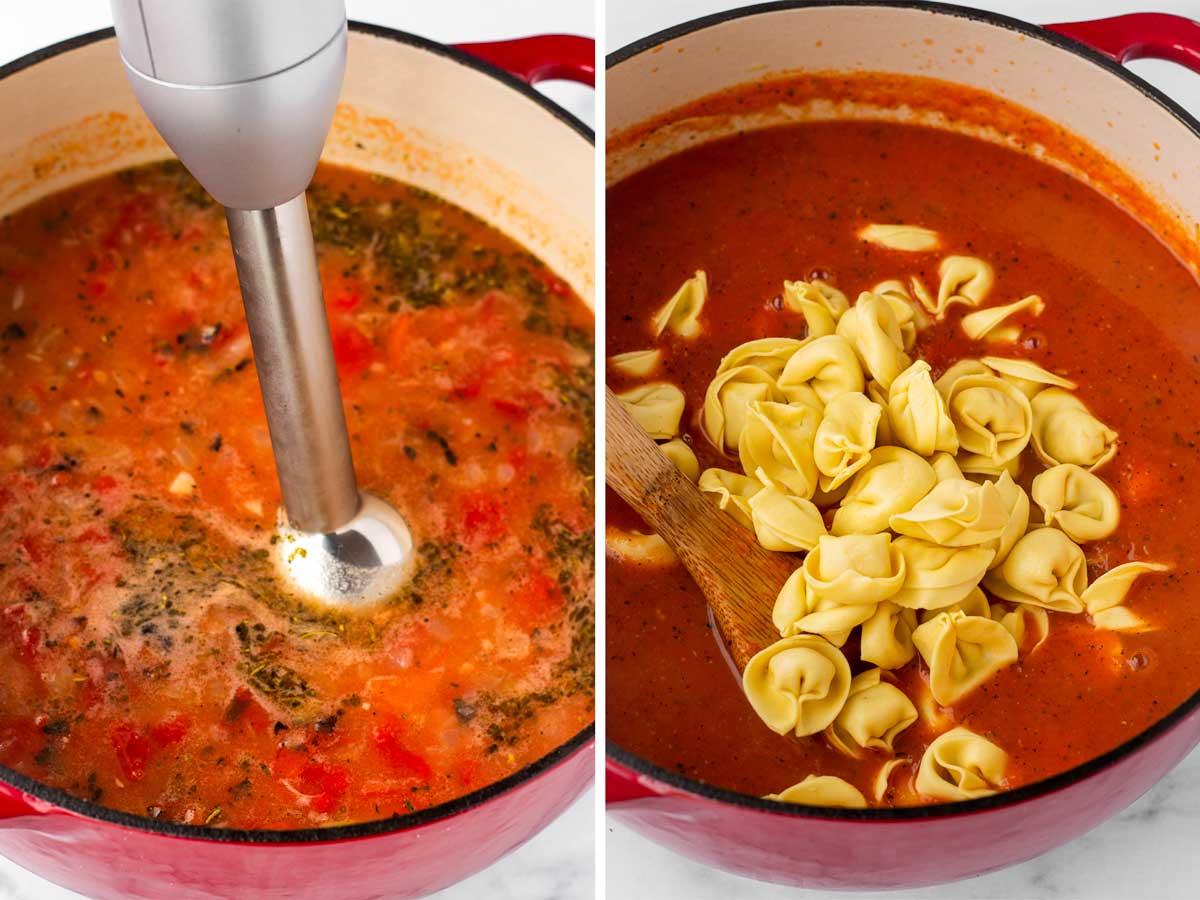 blending soup and adding tortellini