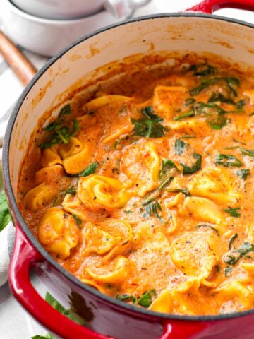 creamy tomato tortellini soup in red dutch oven