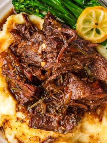 honey balsamic pot roast with potatoes and broccoli