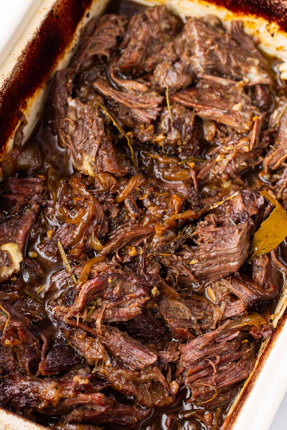 shredded honey balsamic roast in baking casserole