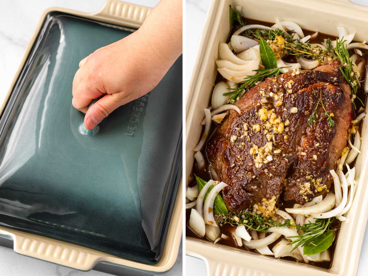 cooking roast in a covered casserole