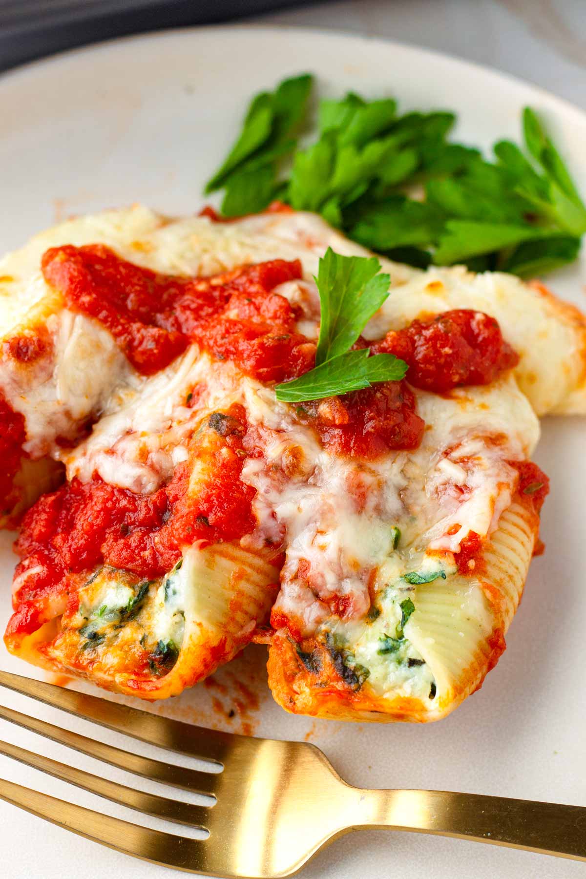 serving of ricotta pasta shells on plate with a fork