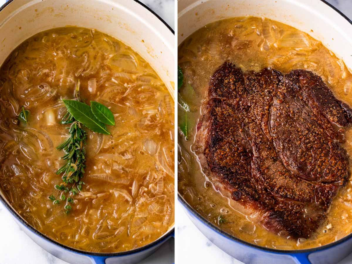 broth, aromatics, and seared beef in pot