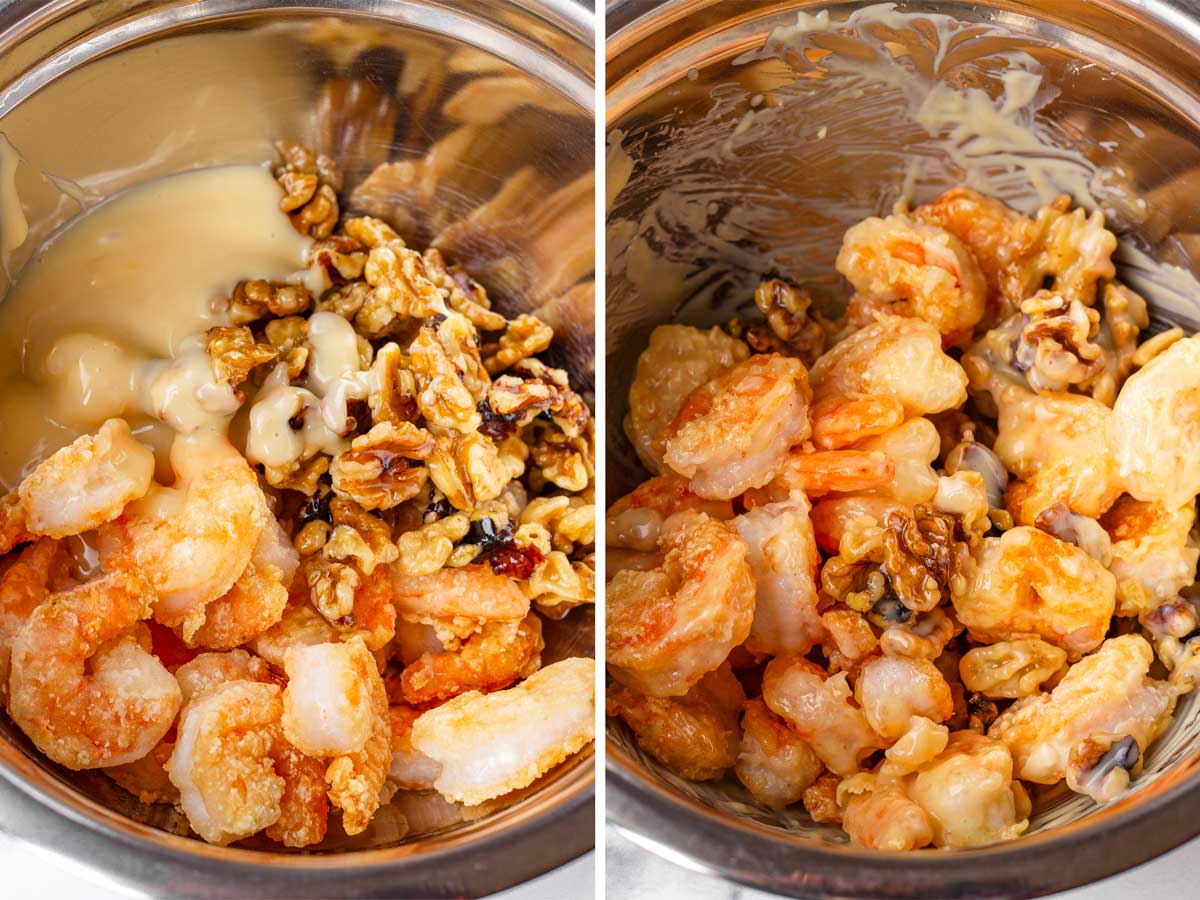 tossing fried shrimp with walnuts and sauce