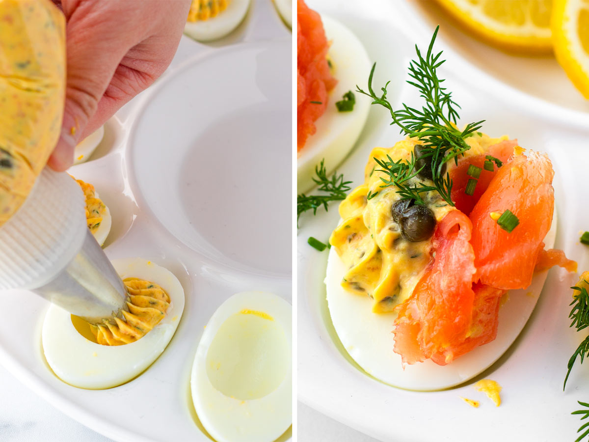 assembling deviled eggs and garnishing