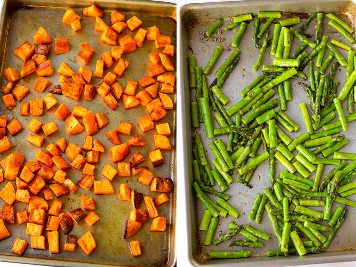 roasted sweet potatoes and asparagus on sheet pan