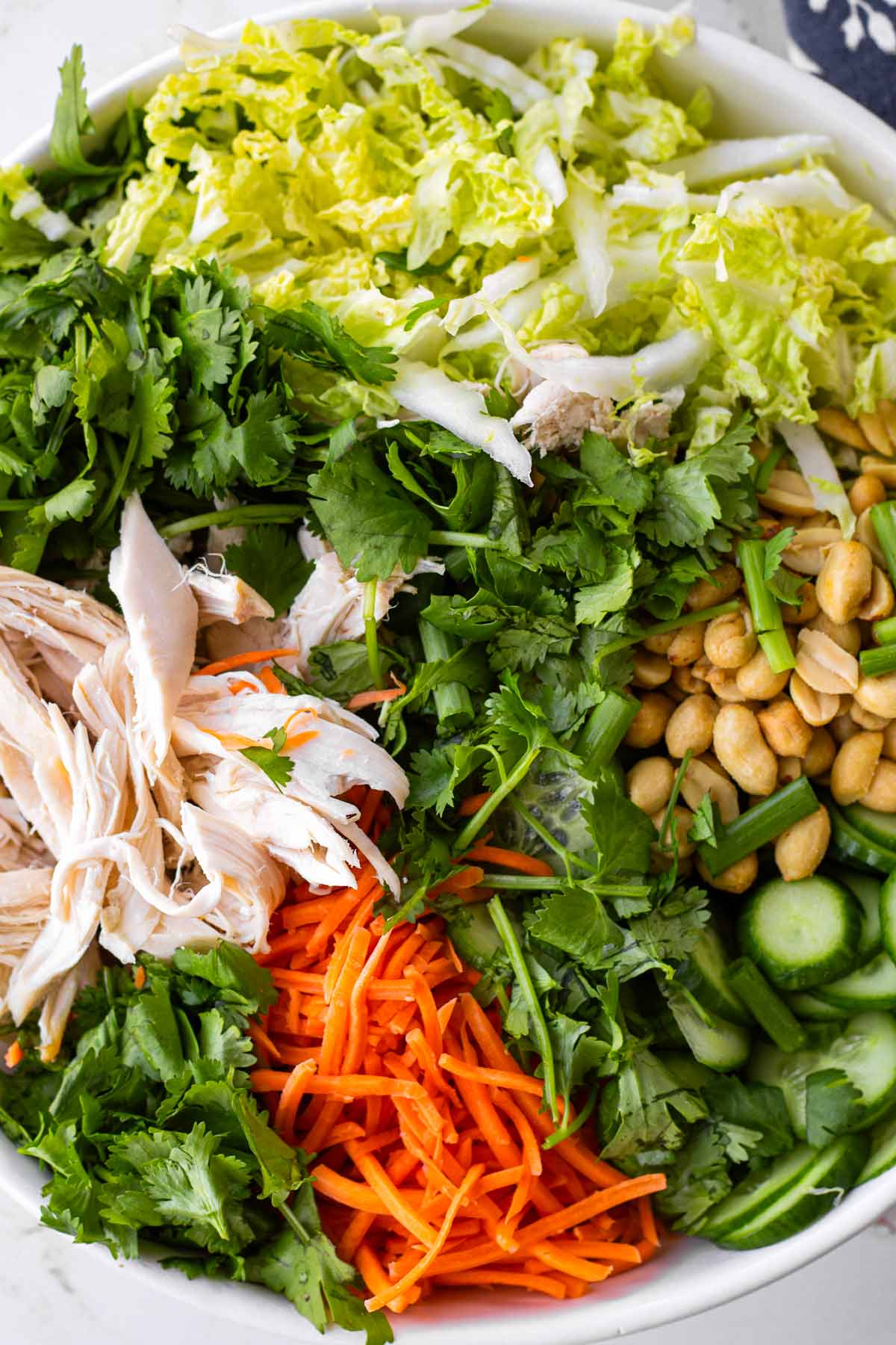assembled ingredients in a salad bowl