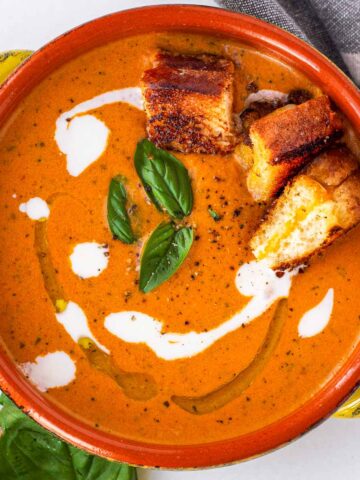 tomato basil bisque with grilled cheese croutons