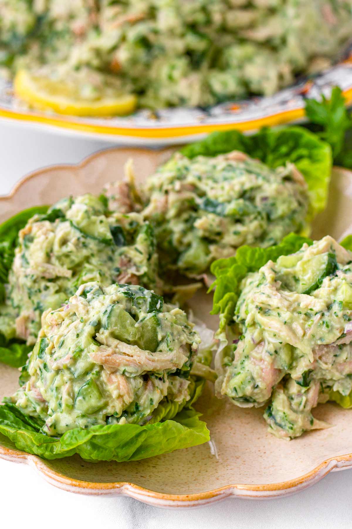chicken salad with avocado dressing over lettuce