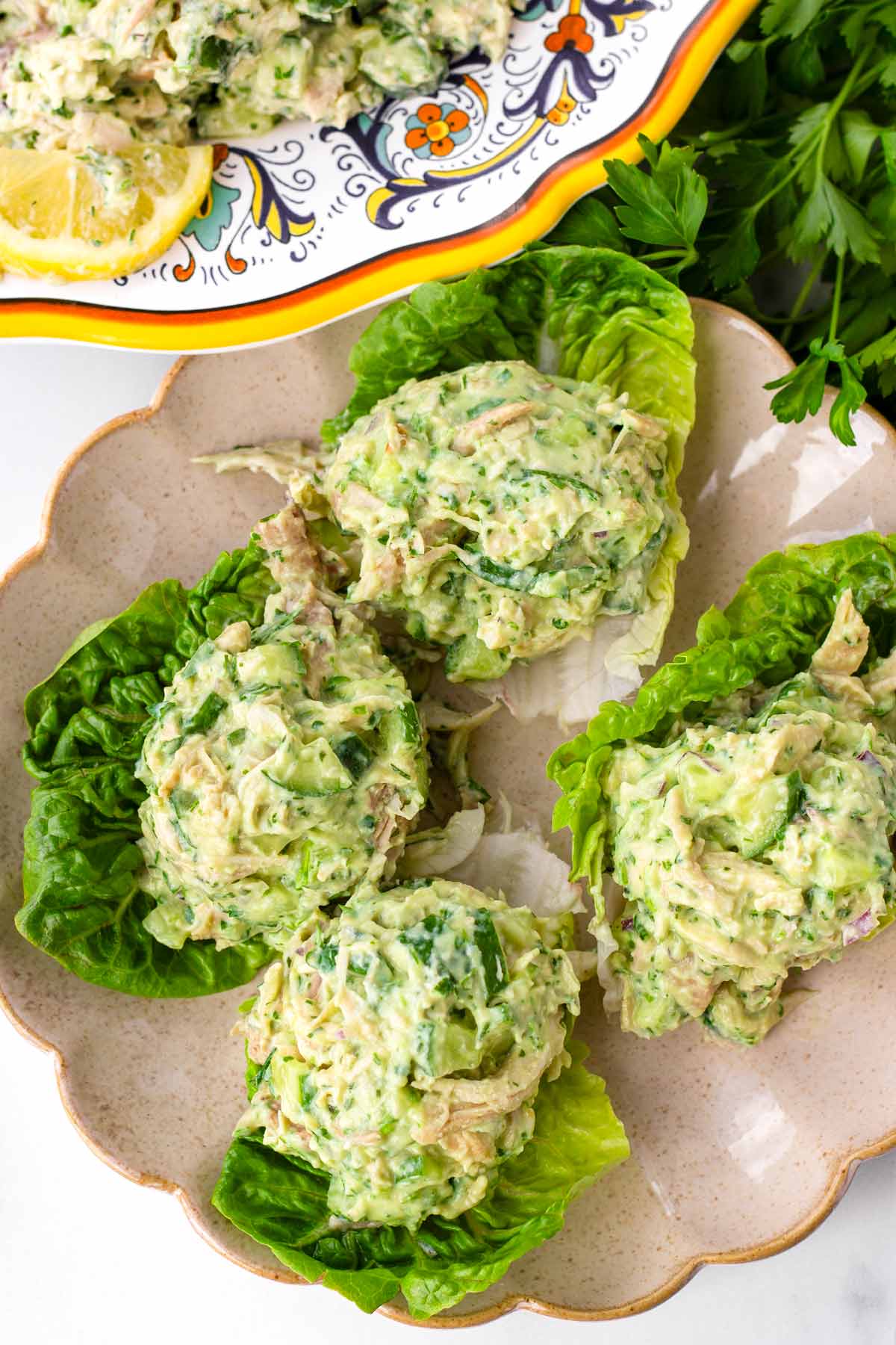 green goddess chicken salad over lettuce wraps