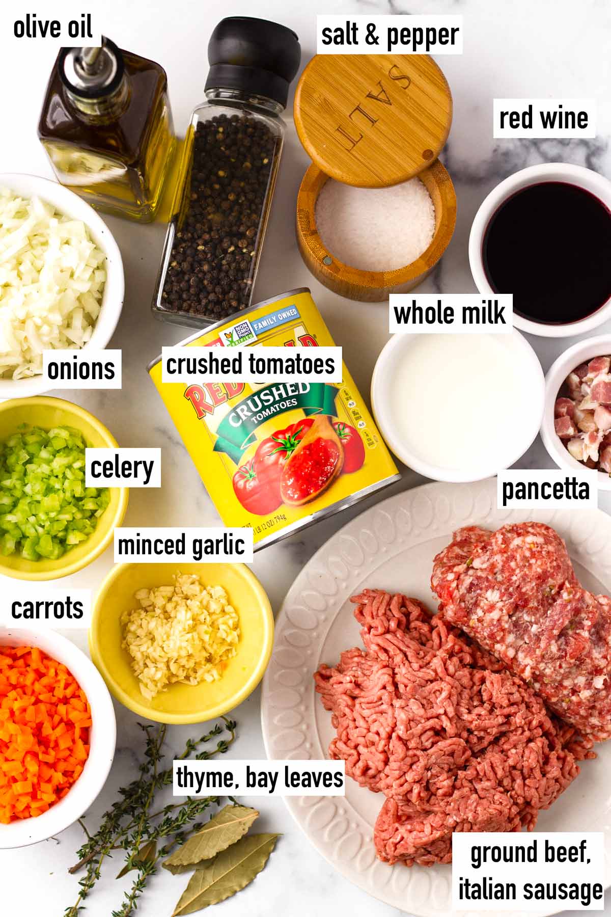labeled ingredients for the bolognese sauce