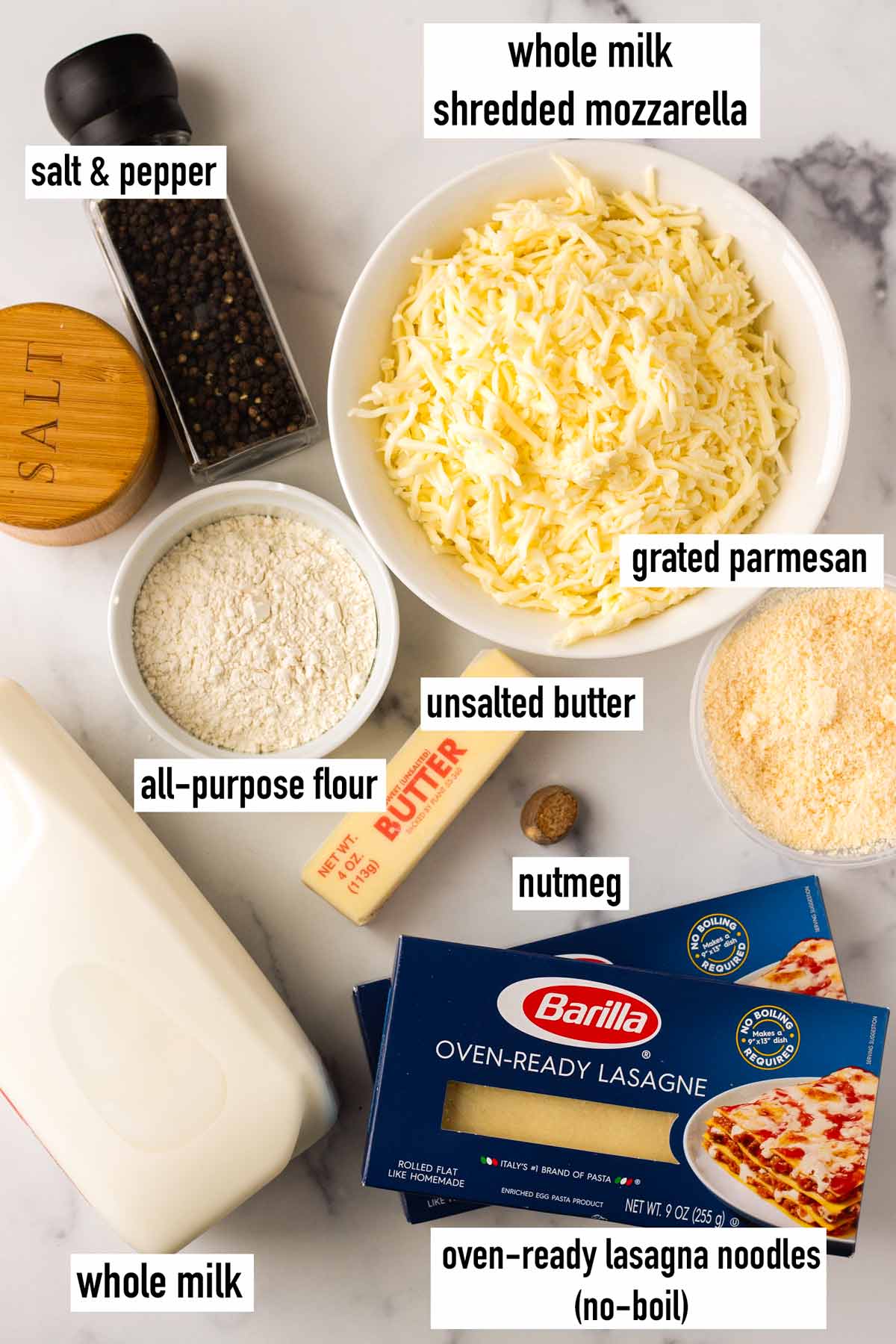 labeled ingredients for the bechamel lasagna