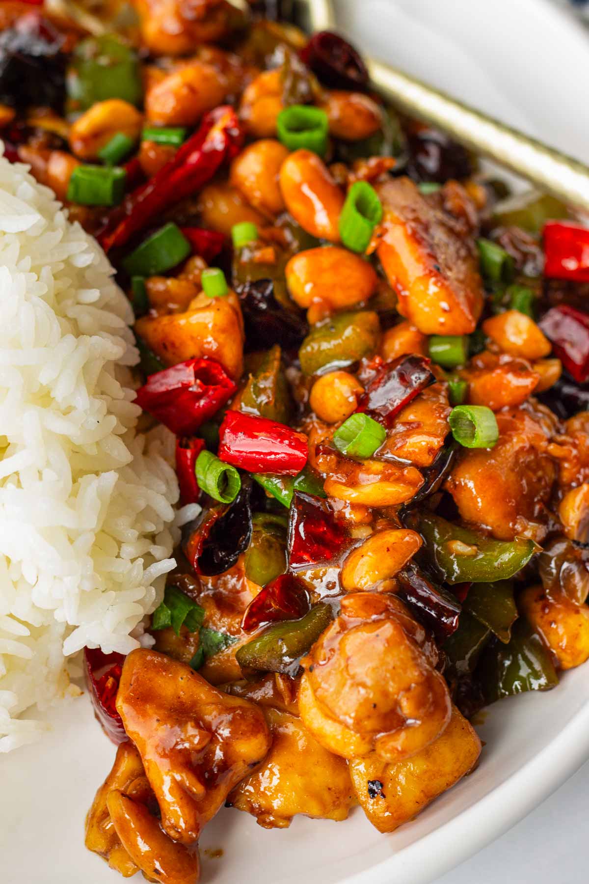 stir fried spicy kung pao chicken with rice