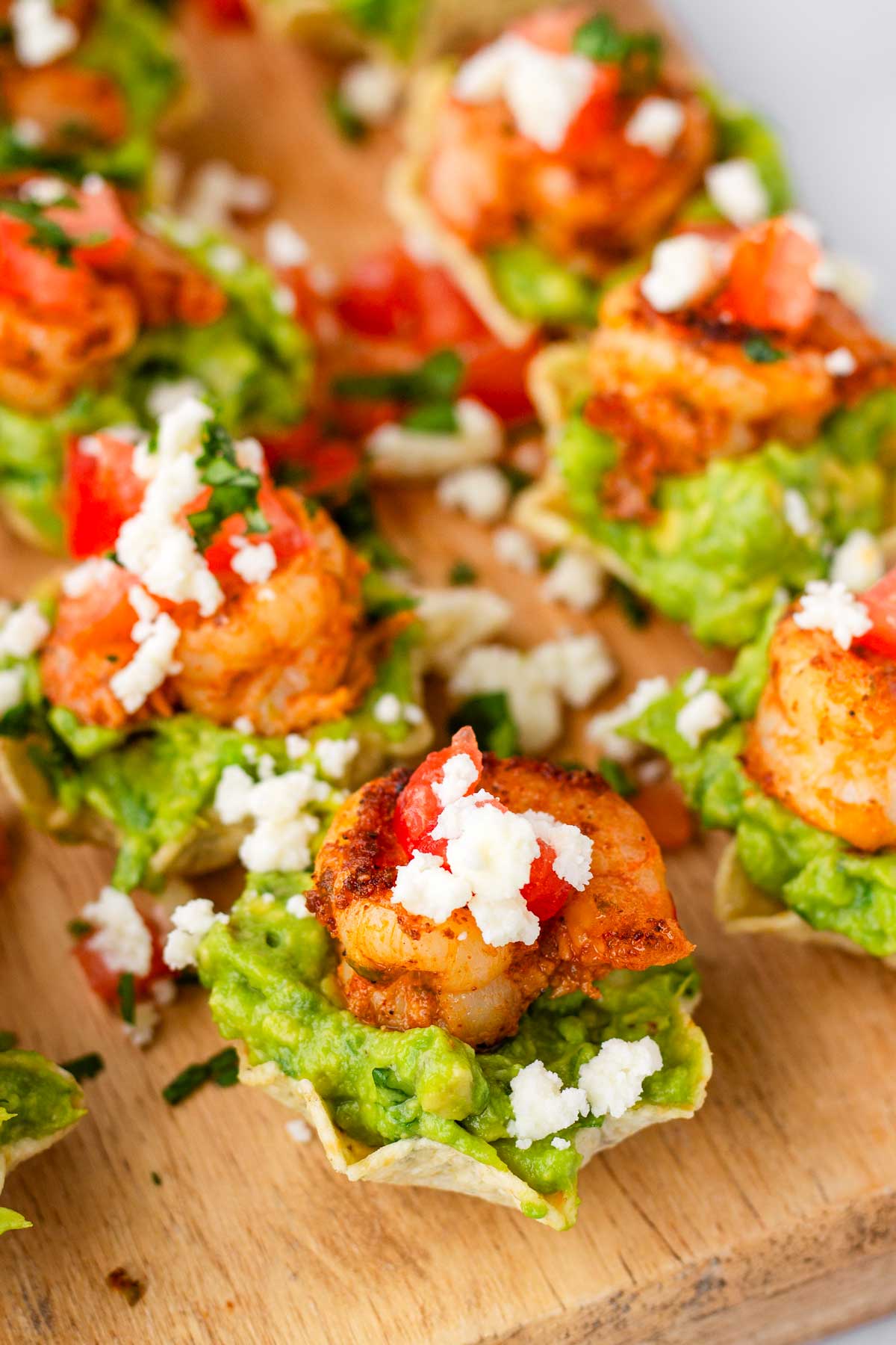 close up of a guacamole shrimp bite