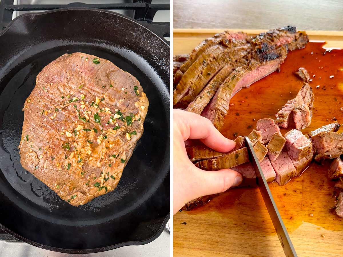 cooking and slicing steak