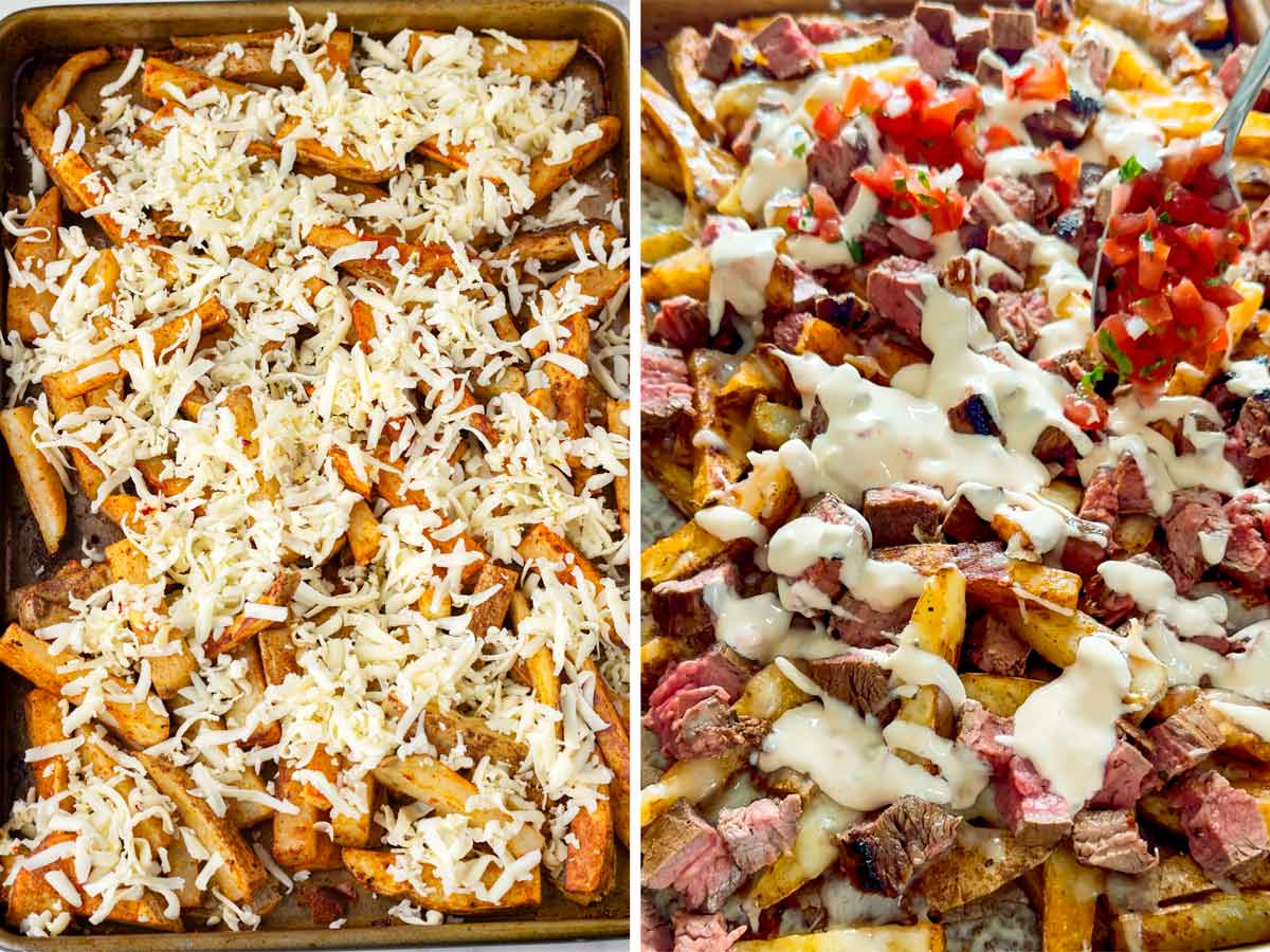 topping carne asada fries with pico de gallo and queso
