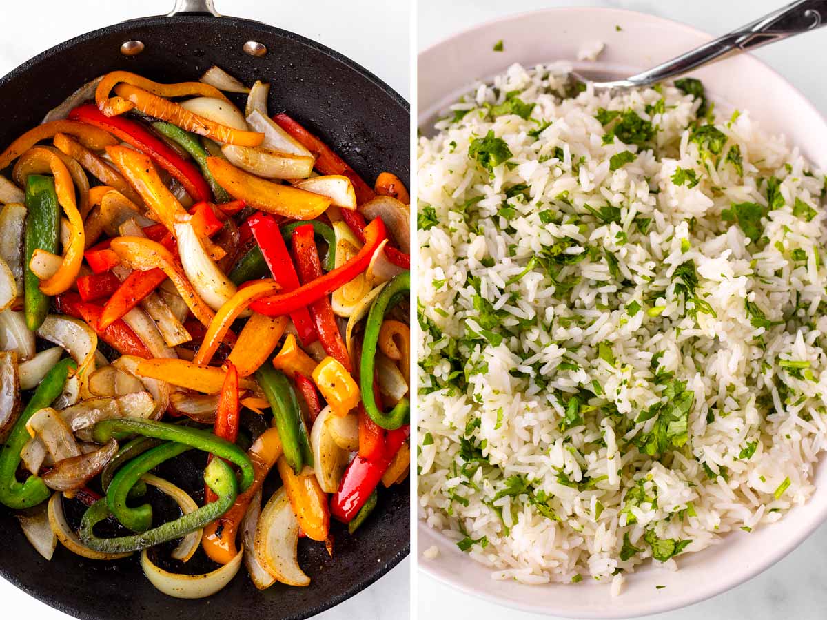 cooking fajita veggies and cilantro lime rice