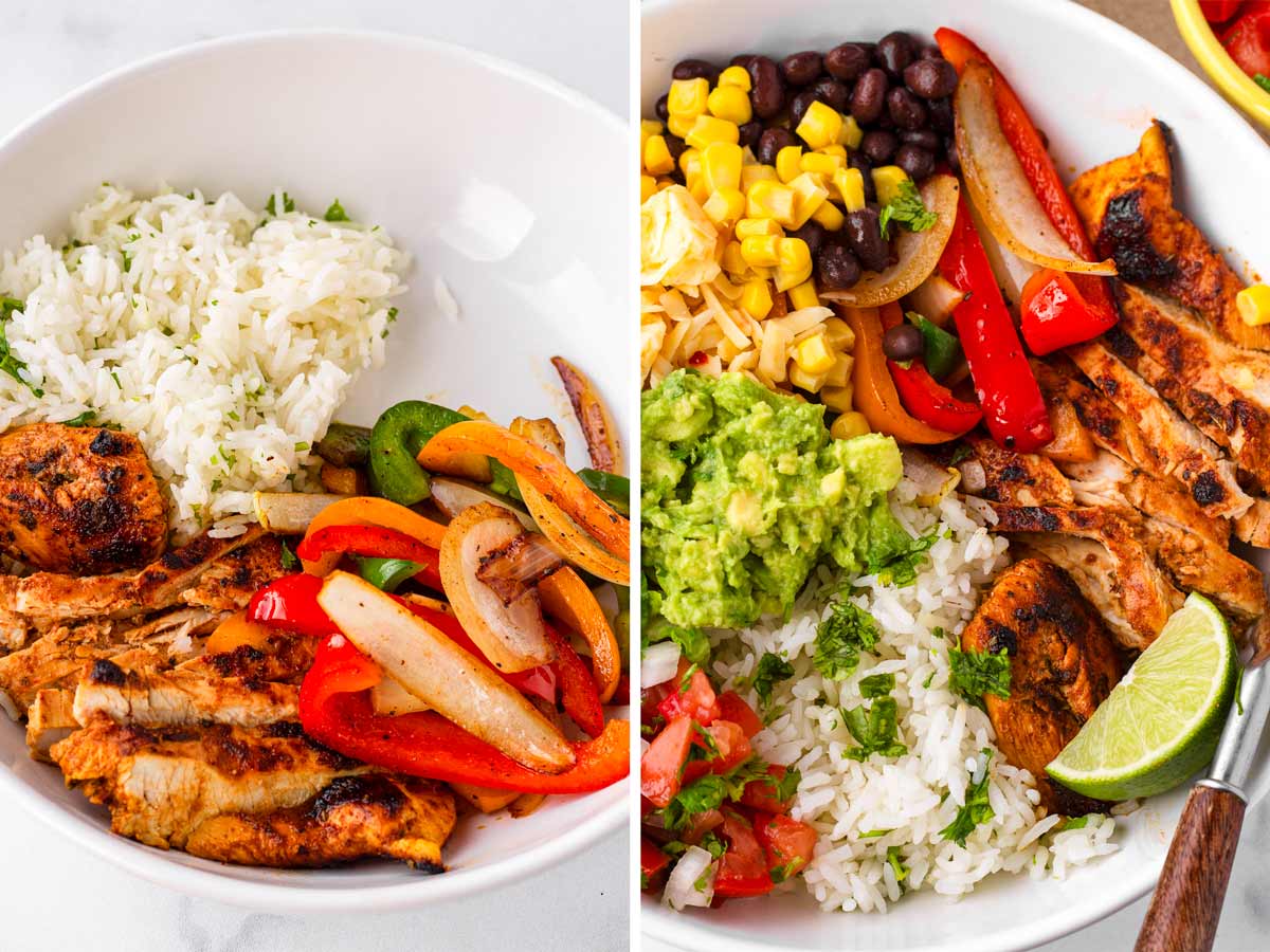 assembling chicken fajita bowls