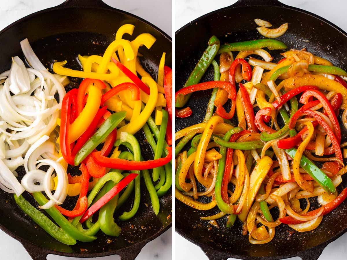 cooking fajita veggies in a cast iron skillet