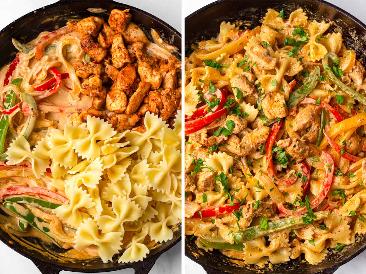 adding pasta and chicken to the sauce