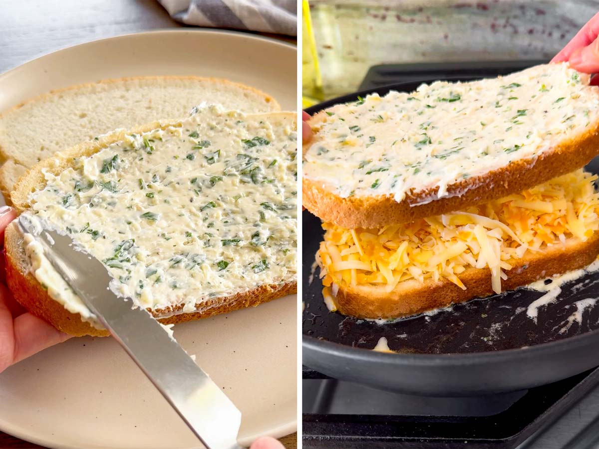 assembling grilled cheese sandwiches