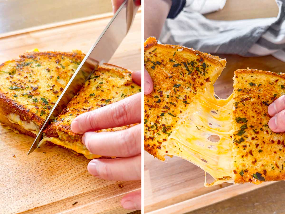 cutting the grilled cheese