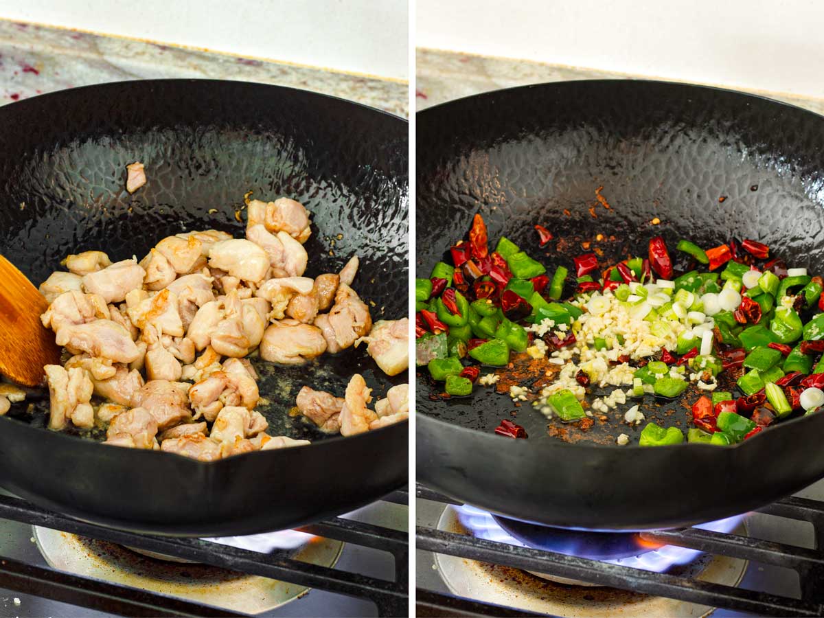 stir frying chicken and aromatics