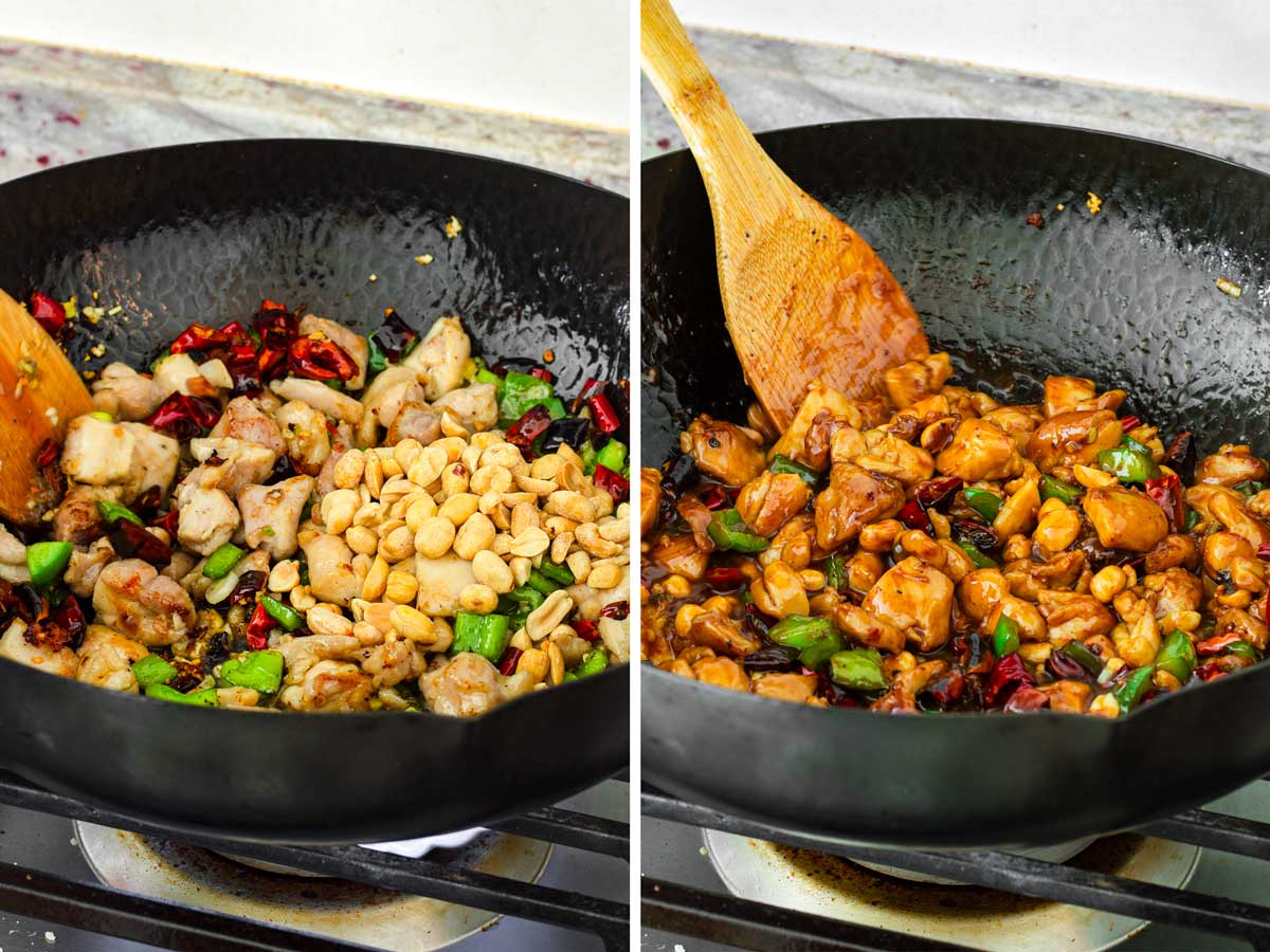 adding peanuts, chicken and sauce