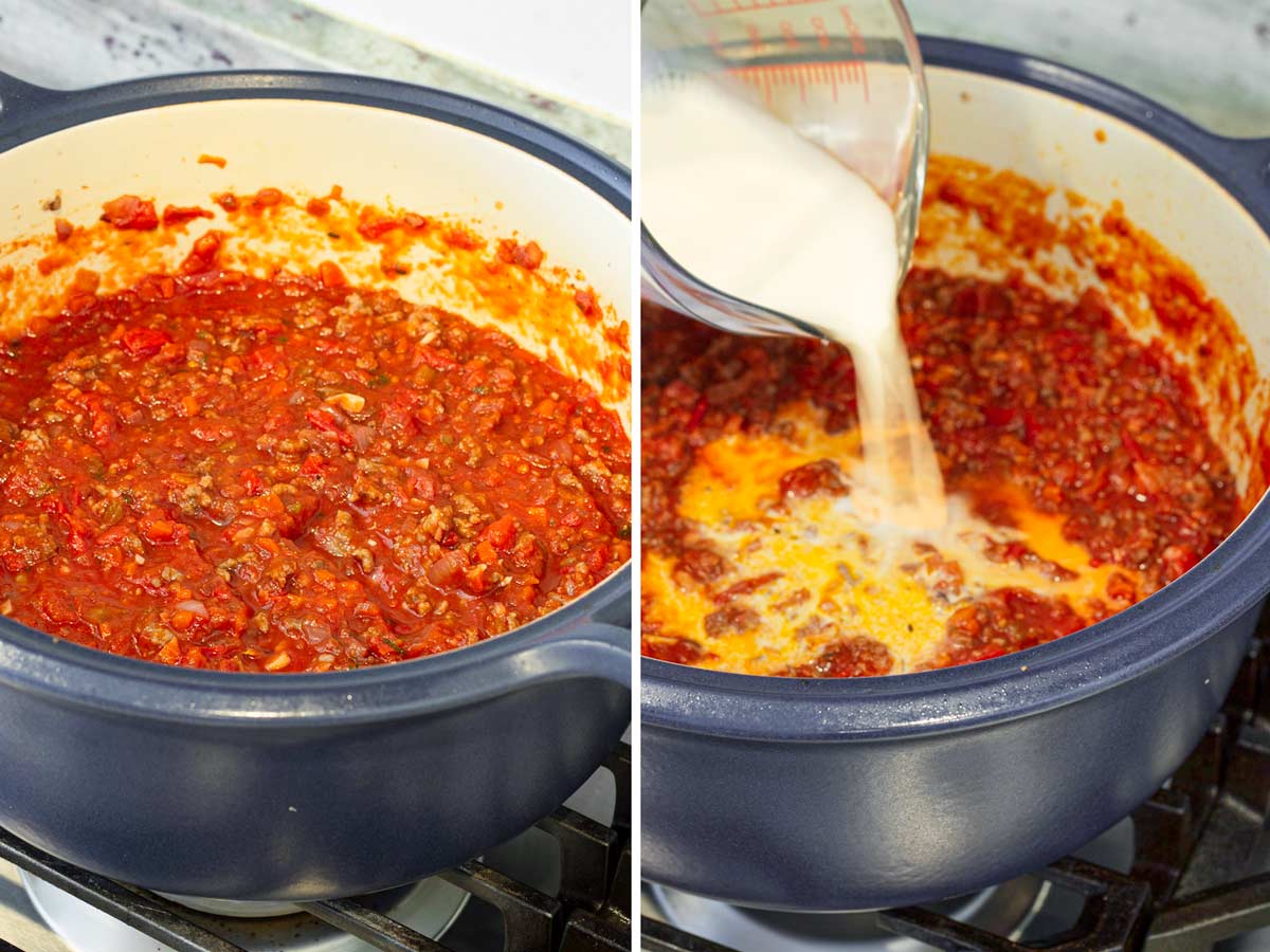 adding milk to the bolognese sauce