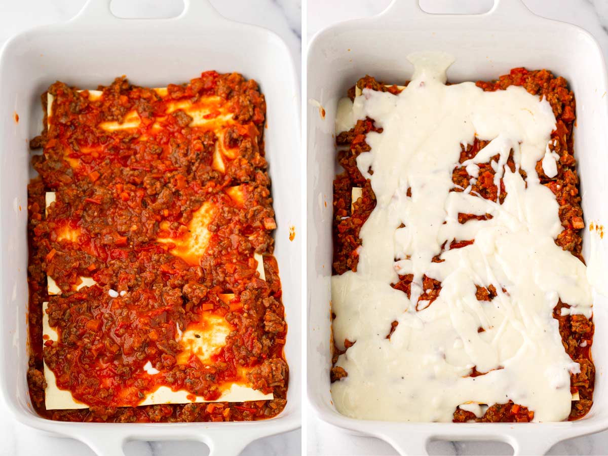 layering lasagna sheets and sauces