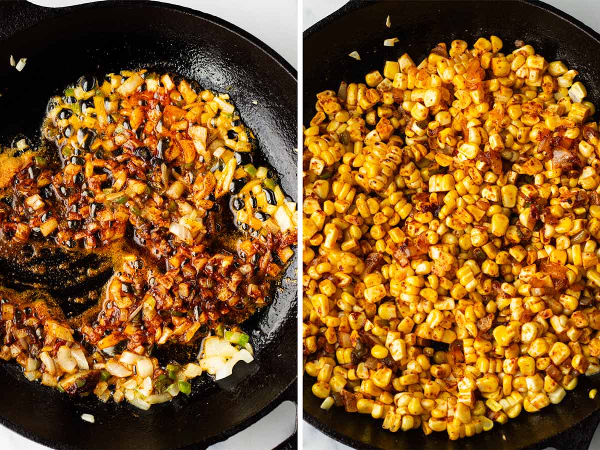 sauteing aromatics and corn in skillet